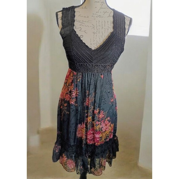 Sue Wong VTG Black Silk Midi Dress Floral Crochet Sz 2 Whimsigoth Grunge Fairy - Picture 1 of 7